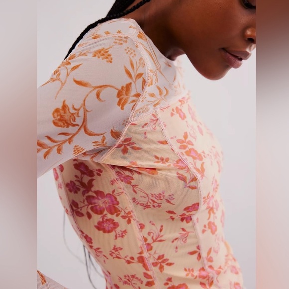 Free People Floral Mesh Blouse - Cream and Orange - Picture 9 of 15